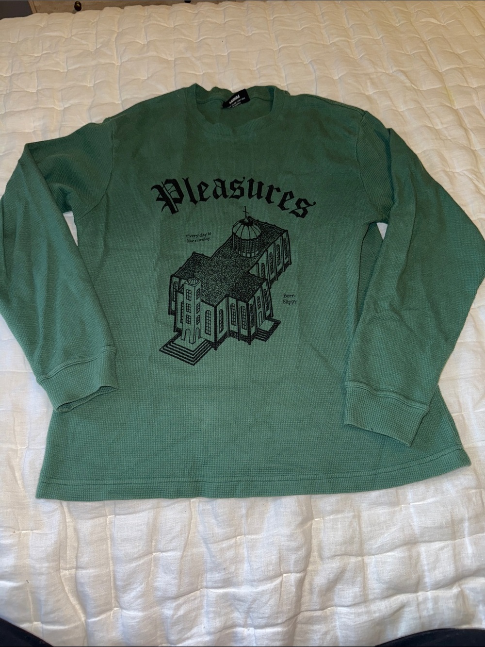 Pleasures Green Graphic Waffle-Knit Long Sleeve